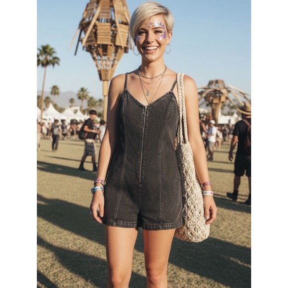 PacSun Black Denim Strappy Romper Silver Zipper Size S Small EUC!! - Picture 1 of 6